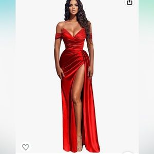 Red off shoulder dress.